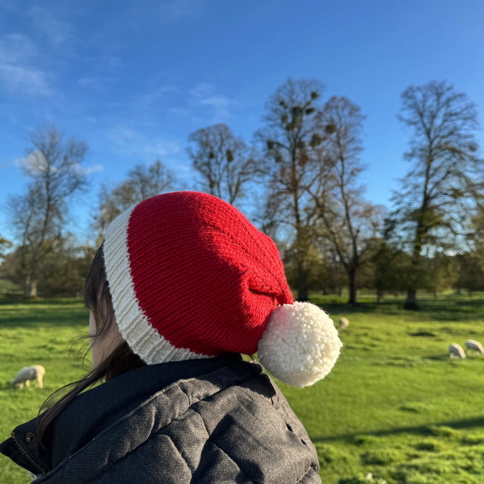 The Merry Stitchmas Hat in Kremke Merry Merino 70 modelled by the designer Nicky Jerrome eco wash merino wool festive knitting kit. Natural cream ribbing and pom pom with a tomato red body. The hat has a long tip giving it a slouchy style without a lot of bulk.